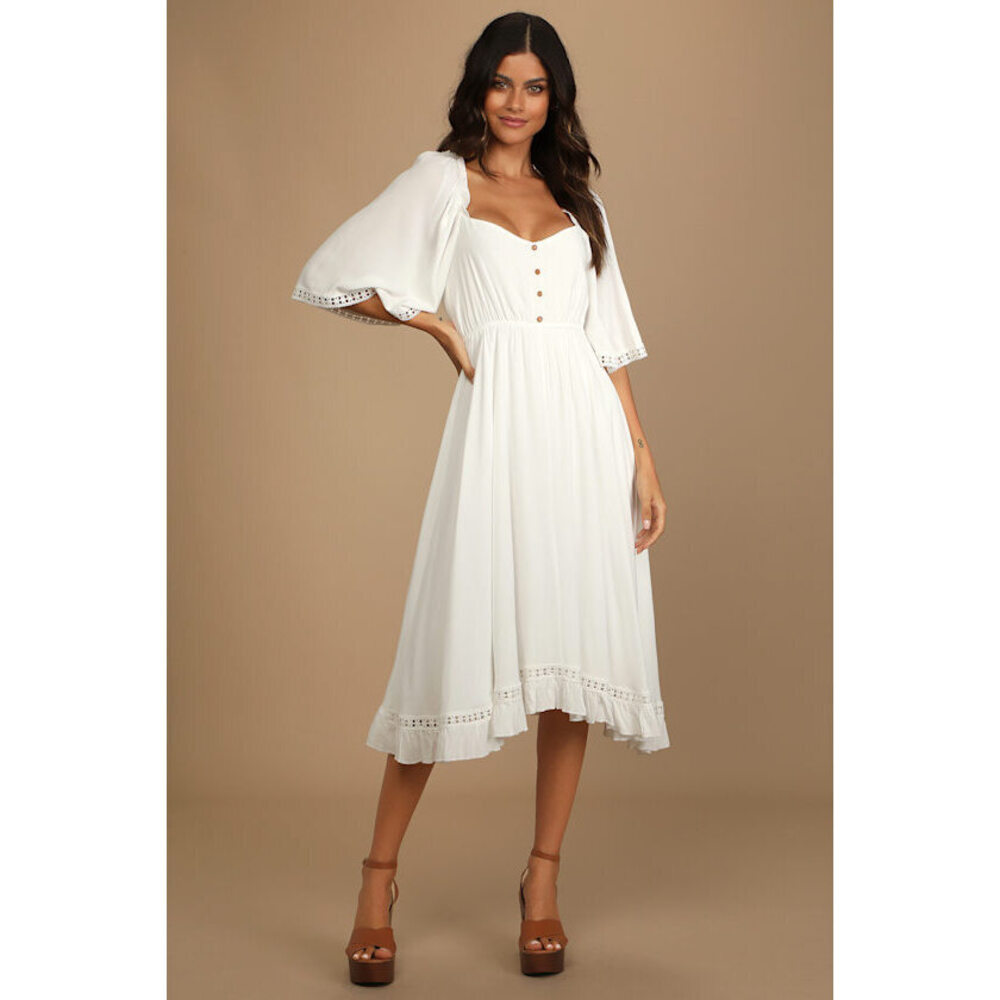 Lulus My Darling Love White Three-quarter Sleeve Handkerchief Dress - Size L